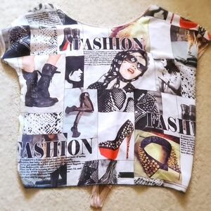 Cleo Apparel Graphic Fashion Collage Scoop Neck Open Back Top